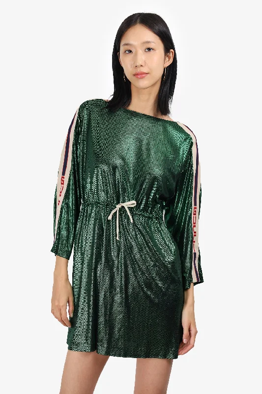Gucci Green Metallic Sport Gucci Logo Drawstring Waist Mini Dress Size XXS Cozy T-Shirt Mini Dress Gucci Green Metallic Sport Gucci Logo Drawstring Waist Mini Dress Size XXS Cozy T-Shirt Mini Dress