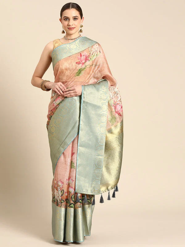 Peach Munga Silk Digital Print Animal Print Saree with Unstitched Blouse - Hiral Fashion High Neck Blouse Peach Munga Silk Digital Print Animal Print Saree with Unstitched Blouse - Hiral Fashion High Neck Blouse