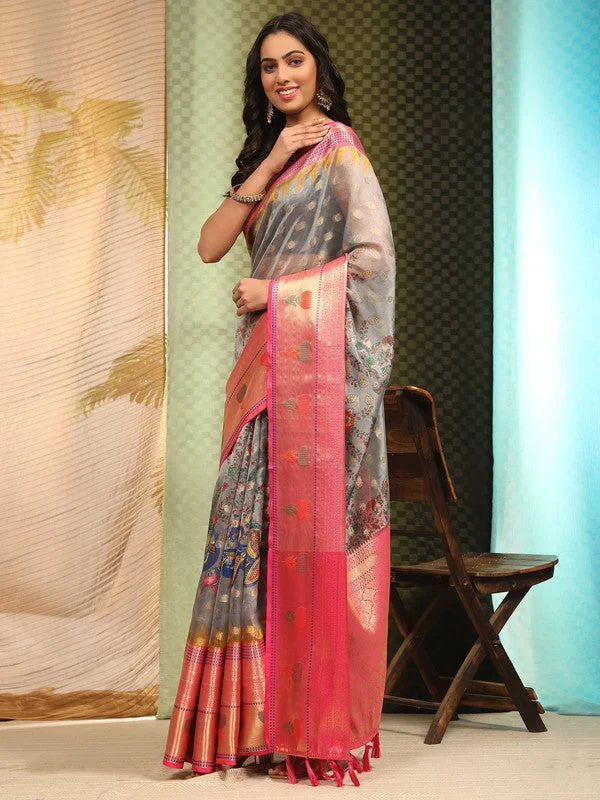 Gray Art Silk Digital Print Floral Saree with Unstitched Blouse - Hiral Fashion Sleeveless Chiffon Blouse Gray Art Silk Digital Print Floral Saree with Unstitched Blouse - Hiral Fashion Sleeveless Chiffon Blouse