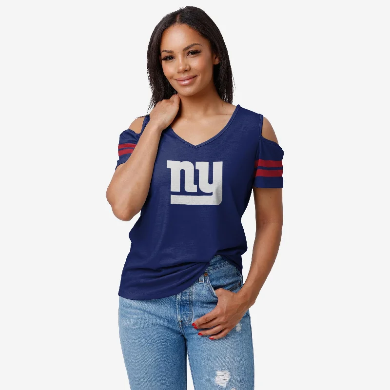 New York Giants Womens Cold Shoulder T-Shirt-- Denim Fabric Leather Fabric Suede Fabric New York Giants Womens Cold Shoulder T-Shirt-- Denim Fabric Leather Fabric Suede Fabric
