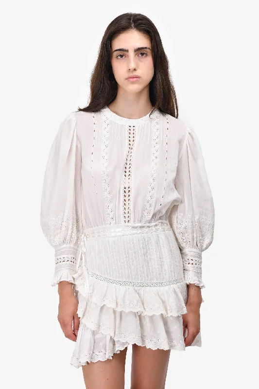 LoveShackFancy White Cotton Eyelet Tiered Mini Dress Size S Stylish Puff Sleeve Mini Dress