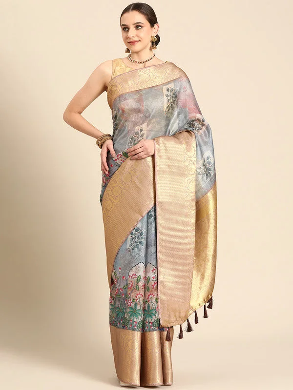 Gray Munga Silk Digital Print Kalamkari Saree with Unstitched Blouse - Hiral Fashion Slim Fit Blouse Gray Munga Silk Digital Print Kalamkari Saree with Unstitched Blouse - Hiral Fashion Slim Fit Blouse