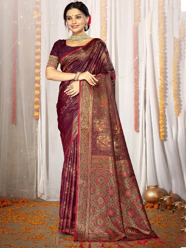 Women Wine Satin Silk Saree With Un Stitched Blouse - Aanika Ruffled Neck Blouse