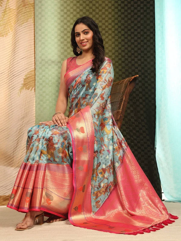 Sky Blue Art Silk Digital Print Floral Saree with Unstitched Blouse - Hiral Fashion Loose Fit Blouse Sky Blue Art Silk Digital Print Floral Saree with Unstitched Blouse - Hiral Fashion Loose Fit Blouse