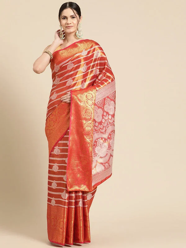 Red Silk Blend Woven Zari Design Striped Saree with Unstitched Blouse - Hiral Fashion Vintage Polka Blouse Red Silk Blend Woven Zari Design Striped Saree with Unstitched Blouse - Hiral Fashion Vintage Polka Blouse
