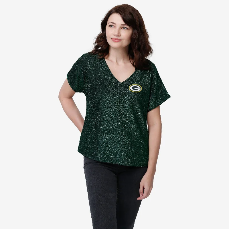 Green Bay Packers Womens Gametime Glitter V-Neck T-Shirt-- Notch Collar Peter Pan Collar Cowl Neck Green Bay Packers Womens Gametime Glitter V-Neck T-Shirt-- Notch Collar Peter Pan Collar Cowl Neck