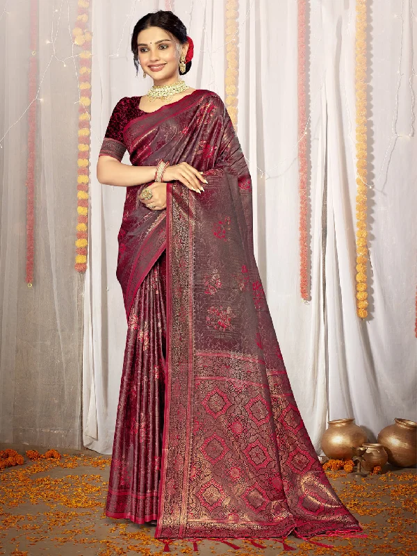 Women Magenta Satin Silk Saree With Un Stitched Blouse - Aanika Casual Button Blouse Women Magenta Satin Silk Saree With Un Stitched Blouse - Aanika Casual Button Blouse