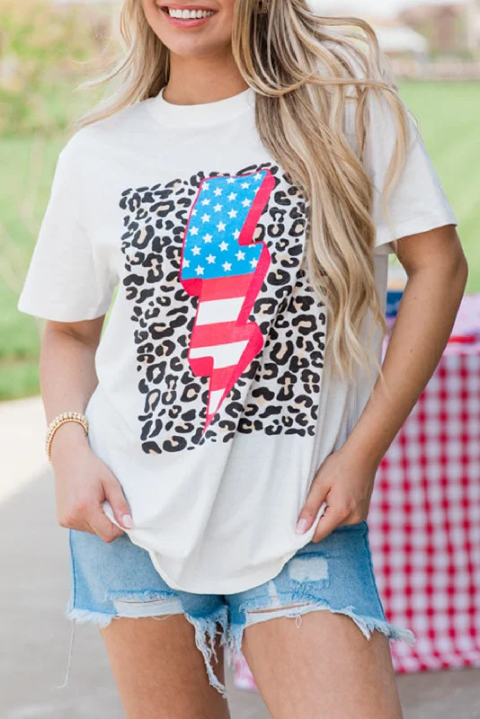 White Leopard American Flag Lightning Graphic T Shirt-- Rayon Velvet Corduroy