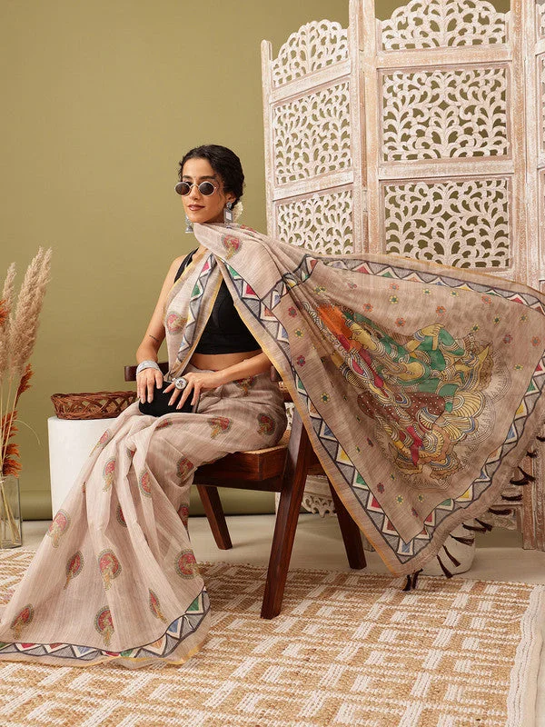 Beige Cotton Blend Printed Madhubani Saree with Unstitched Blouse - Hiral Fashion Delicate Bow Blouse