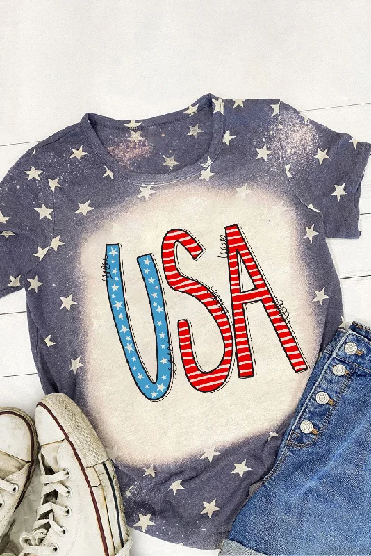 Blue Tie Dye Stripes and Stars USA Print T Shirt-- Collared Crew Neck Turtle Neck
