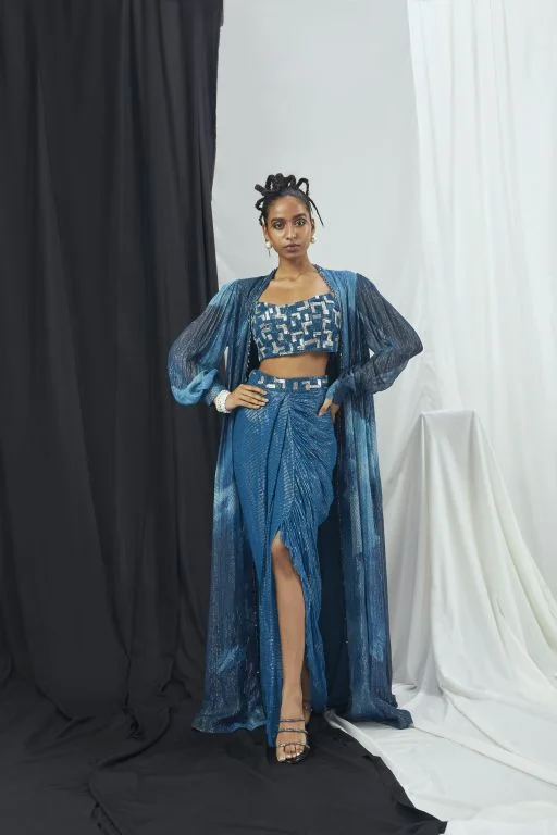 Embrioderd Blouse with Draped Skirt and Printed Cape Set Casual Button Blouse
