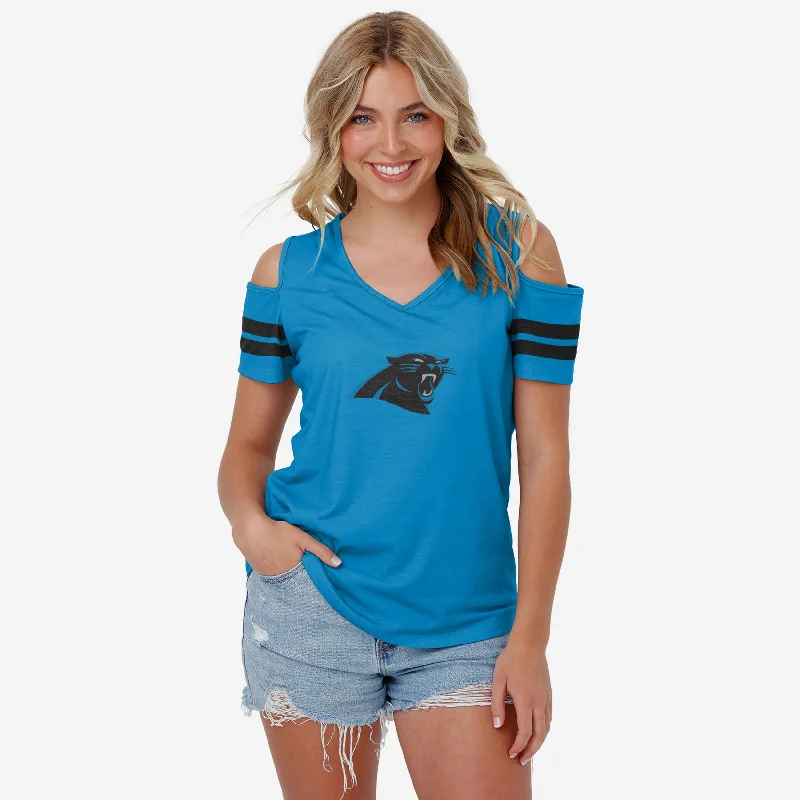 Carolina Panthers Womens Cold Shoulder T-Shirt-- Zippered Front Buttoned Front Snap Front Carolina Panthers Womens Cold Shoulder T-Shirt-- Zippered Front Buttoned Front Snap Front