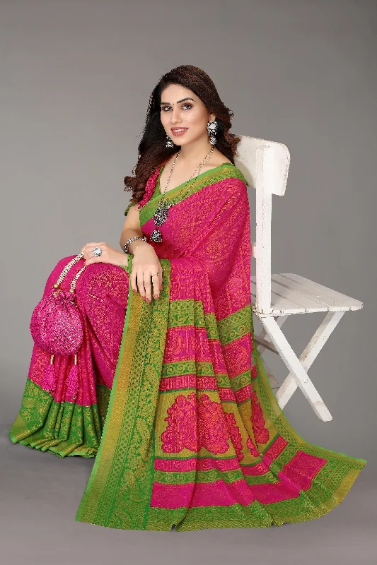 NOZ2TOZ Women Party Wear Printed Brasso Chiffon Saree with Unstitched Blouse - Pink Flowy Bohemian Blouse NOZ2TOZ Women Party Wear Printed Brasso Chiffon Saree with Unstitched Blouse - Pink Flowy Bohemian Blouse