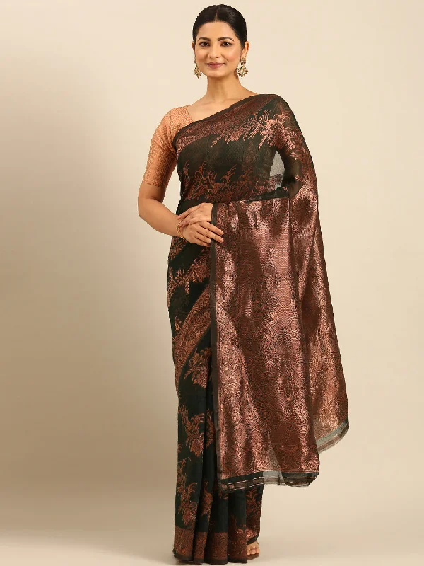 Women Bottle Green Cotton Saree With Un Stitched Blouse - Aanika Peter Pan Blouse