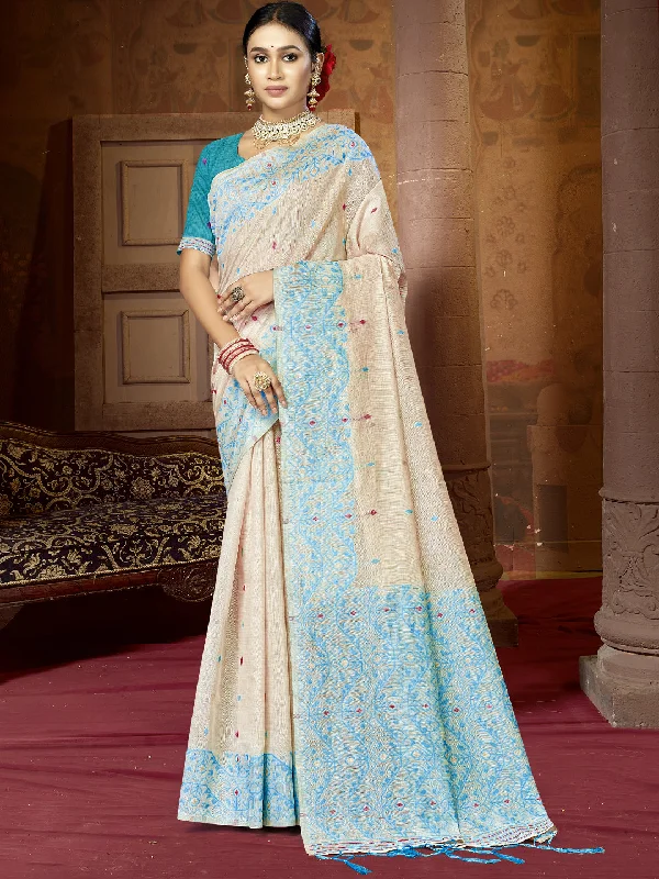 Women Cream Cotton Saree With Un Stitched Blouse - Aanika Playful Puff Blouse