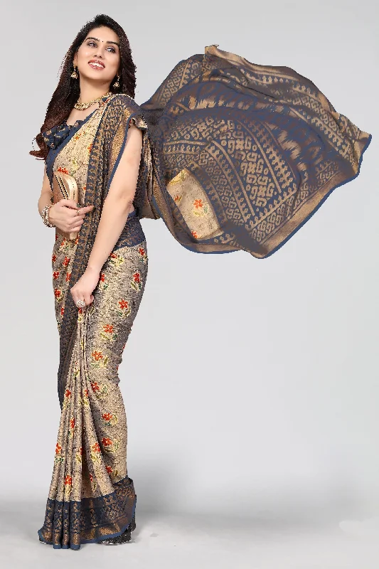 NOZ2TOZ Women Party Wear Printed Brasso Chiffon Saree with Unstitched Blouse - Grey Pleated Collar Blouse NOZ2TOZ Women Party Wear Printed Brasso Chiffon Saree with Unstitched Blouse - Grey Pleated Collar Blouse