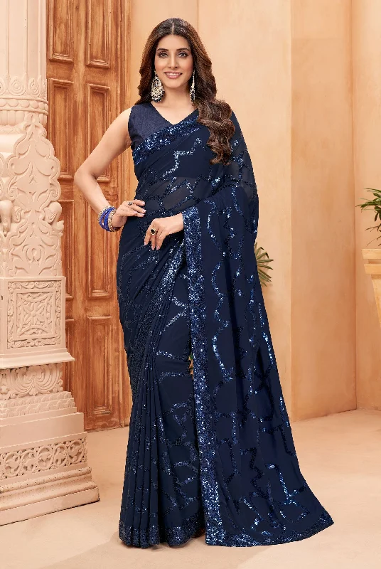 Jyoti Fashion Women's Navy Blue Faux Blooming Sequins Work Designer Saree with Blouse Feminine Pastel Blouse Jyoti Fashion Women's Navy Blue Faux Blooming Sequins Work Designer Saree with Blouse Feminine Pastel Blouse
