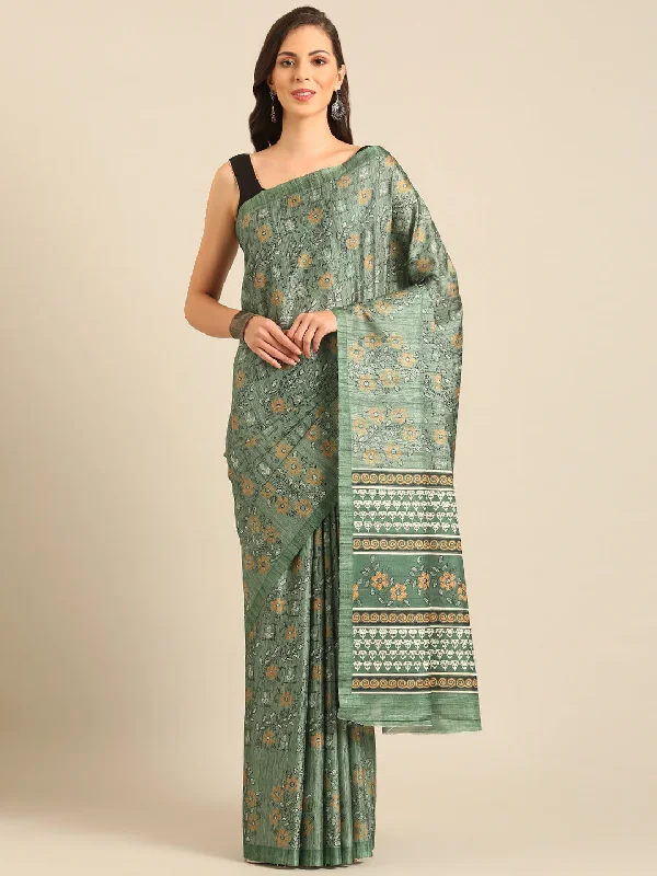 Women Green Cotton Saree With Un Stitched Blouse - Aanika Frilled Cuff Blouse