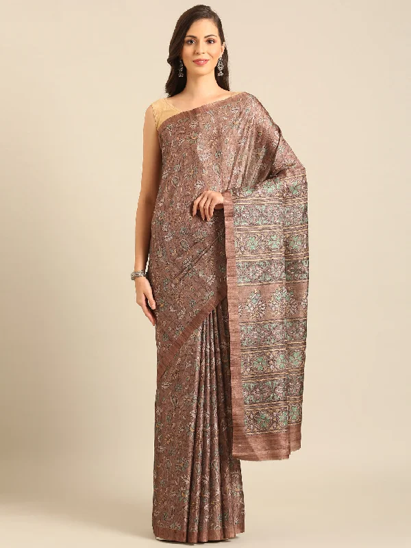 Women Brown Cotton Saree With Un Stitched Blouse - Aanika Asymmetric Hem Blouse
