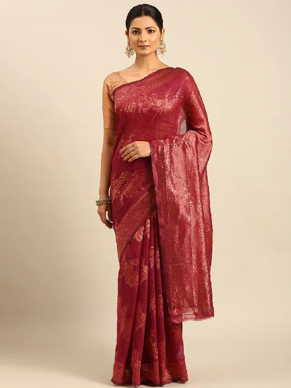 Women Magenta Cotton Saree With Un Stitched Blouse - Aanika Boho Printed Blouse