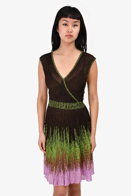 M Missoni Brown/Green Pleated Sleeveless Mini Dress with Slip Size 42 Comfortable Zip-Up Mini Dress M Missoni Brown/Green Pleated Sleeveless Mini Dress with Slip Size 42 Comfortable Zip-Up Mini Dress
