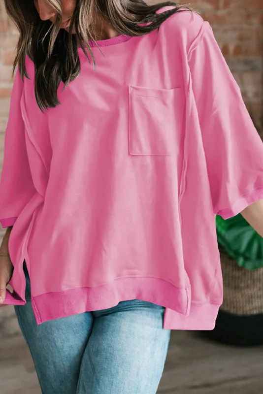 Bonbon Exposed Seam Chest Pocket Split Loose T Shirt-- Hooded Caped Shawl Collar