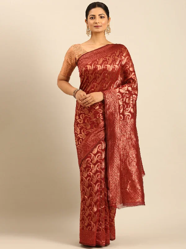 Women Maroon Cotton Saree With Un Stitched Blouse - Aanika Chic Sleeveless Blouse