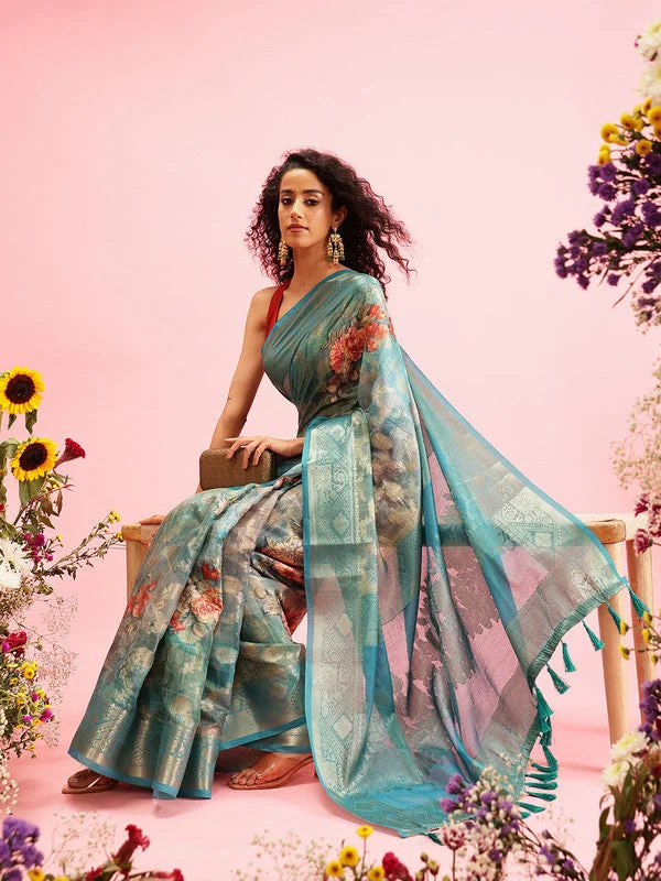 Turquoise Cotton Digital Print Floral Saree with Unstitched Blouse - Hiral Fashion Lightweight Tunic Blouse Turquoise Cotton Digital Print Floral Saree with Unstitched Blouse - Hiral Fashion Lightweight Tunic Blouse