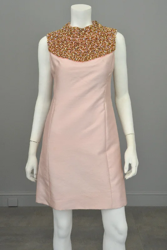 1960s Pink Silk blend Beaded Egyptian Revival Mini Dress Cozy Knitted Mini Dress