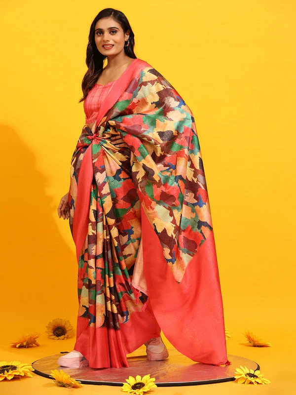Pink Silk Blend Woven Zari Design Floral Saree with Unstitched Blouse - Hiral Fashion Satin Drape Blouse Pink Silk Blend Woven Zari Design Floral Saree with Unstitched Blouse - Hiral Fashion Satin Drape Blouse