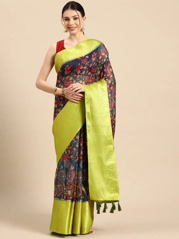 Navy Blue Munga Silk Digital Print Kalamkari Saree with Unstitched Blouse - Hiral Fashion Drape Neck Blouse