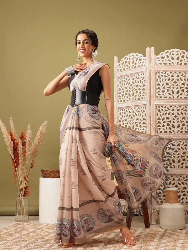 Beige Cotton Blend Printed Madhubani Saree with Unstitched Blouse - Hiral Fashion Wrap Front Blouse Beige Cotton Blend Printed Madhubani Saree with Unstitched Blouse - Hiral Fashion Wrap Front Blouse