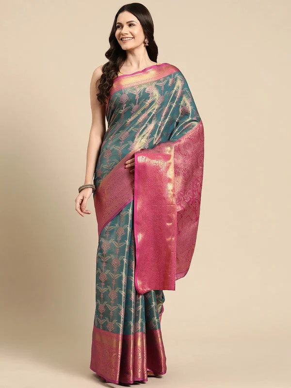 Turquoise Brocade Zari Woven Floral Saree with Unstitched Blouse - Hiral Fashion Lightweight Chiffon Blouse Turquoise Brocade Zari Woven Floral Saree with Unstitched Blouse - Hiral Fashion Lightweight Chiffon Blouse