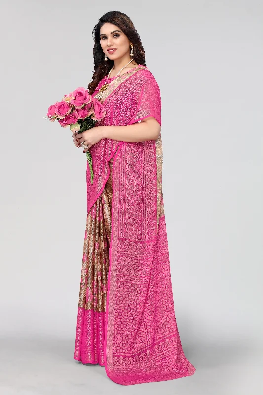 NOZ2TOZ Women Party Wear Printed Brasso Chiffon Saree with Unstitched Blouse - Pink Embroidered Floral Blouse NOZ2TOZ Women Party Wear Printed Brasso Chiffon Saree with Unstitched Blouse - Pink Embroidered Floral Blouse