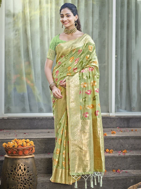 Women Light Green Organza Saree With Un Stitched Blouse - Aanika Elegant Semi-Sheer Blouse Women Light Green Organza Saree With Un Stitched Blouse - Aanika Elegant Semi-Sheer Blouse