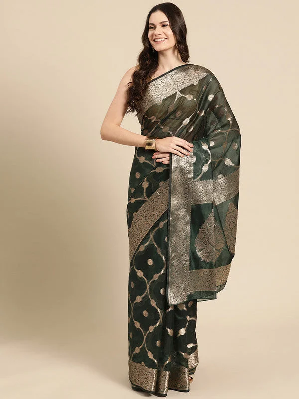 Green Organza Silk Woven Zari Design Floral Saree with Unstitched Blouse - Hiral Fashion Satin Bow Blouse Green Organza Silk Woven Zari Design Floral Saree with Unstitched Blouse - Hiral Fashion Satin Bow Blouse