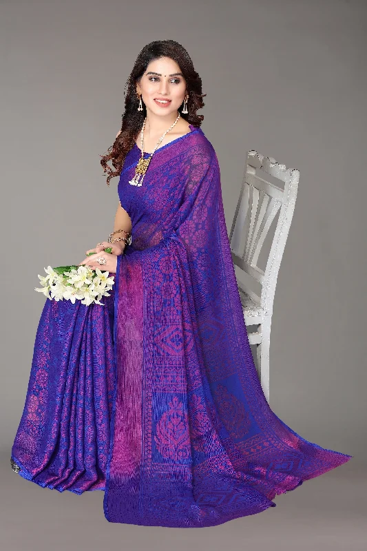 NOZ2TOZ Women Party Wear Printed Brasso Chiffon Saree with Unstitched Blouse - Royal Blue Chic Square Blouse NOZ2TOZ Women Party Wear Printed Brasso Chiffon Saree with Unstitched Blouse - Royal Blue Chic Square Blouse