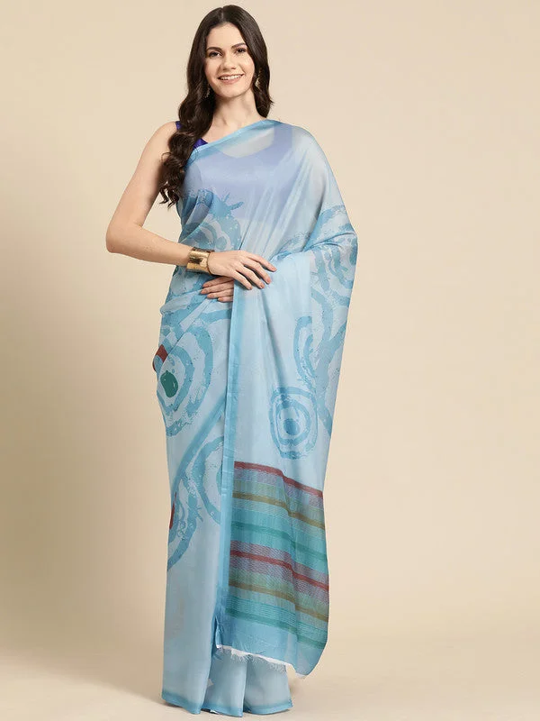 Sky Blue Silk Blend Printed Abstract Saree with Unstitched Blouse - Hiral Fashion Boho Chic Blouse Sky Blue Silk Blend Printed Abstract Saree with Unstitched Blouse - Hiral Fashion Boho Chic Blouse