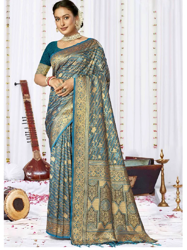 Women Rama Satin Silk Saree With Un Stitched Blouse - Aanika Wrap Front Blouse