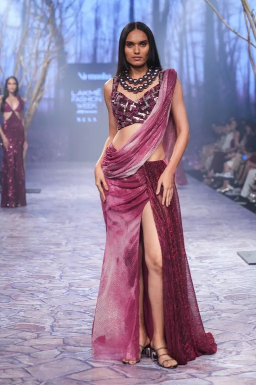 Pre Draped Saree with Embrioderd Blouse Set Floral Print Blouse
