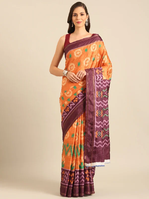 Women Orange Cotton Saree With Un Stitched Blouse - Aanika Short Sleeve Blouse