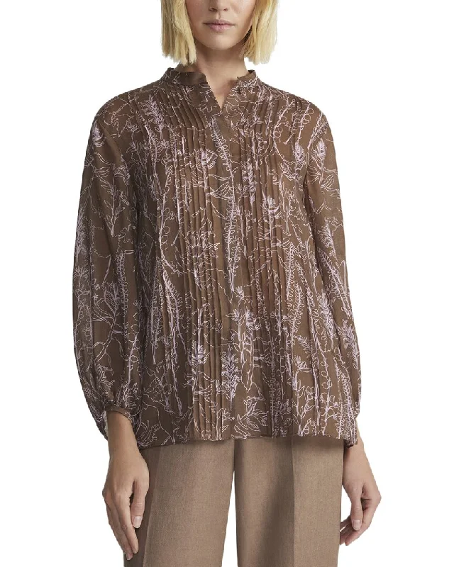 Lafayette 148 New York Petite Pintuck Band Collar Blouse Elegant Silk Blouse