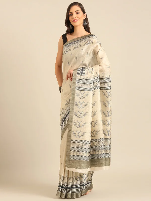 Women Cream Cotton Saree With Un Stitched Blouse - Aanika Satin Bow Blouse