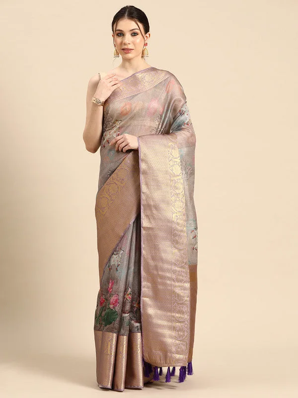Gray Munga Silk Digital Print Kalamkari Saree with Unstitched Blouse - Hiral Fashion Ruffled Neck Blouse Gray Munga Silk Digital Print Kalamkari Saree with Unstitched Blouse - Hiral Fashion Ruffled Neck Blouse