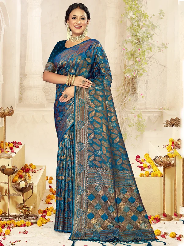 Women Blue Satin Silk Saree With Un Stitched Blouse - Aanika Textured Cotton Blouse