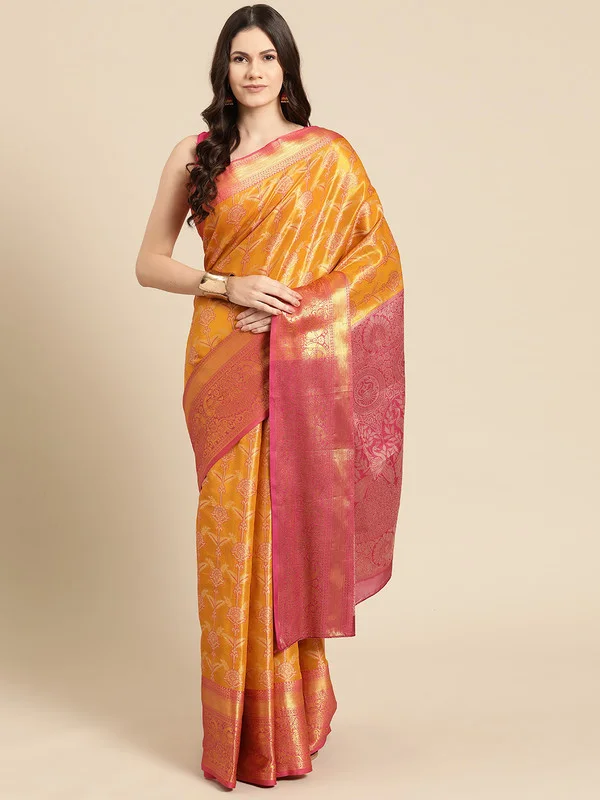 Mustard Brocade Zari Woven Floral Saree with Unstitched Blouse - Hiral Fashion Stretchy Fitted Blouse Mustard Brocade Zari Woven Floral Saree with Unstitched Blouse - Hiral Fashion Stretchy Fitted Blouse