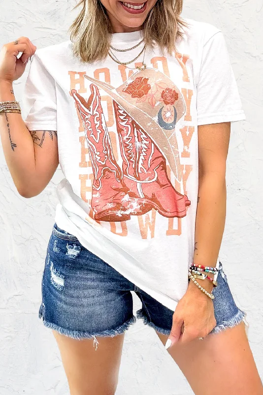 White HOWDY Cowboy Boots Graphic Crew Neck T Shirt-- Satin Fabric Silk Fabric Chiffon Fabric White HOWDY Cowboy Boots Graphic Crew Neck T Shirt-- Satin Fabric Silk Fabric Chiffon Fabric