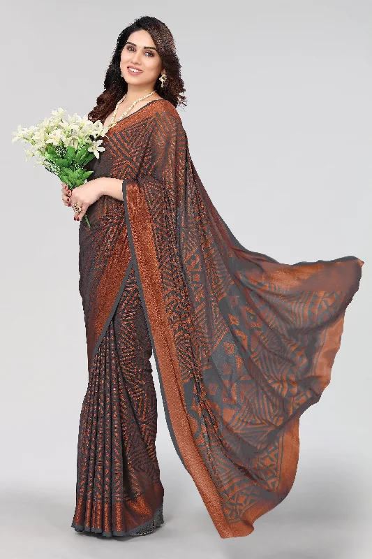 NOZ2TOZ Women Party Wear Printed Brasso Chiffon Saree with Unstitched Blouse - Grey Short Sleeve Blouse NOZ2TOZ Women Party Wear Printed Brasso Chiffon Saree with Unstitched Blouse - Grey Short Sleeve Blouse