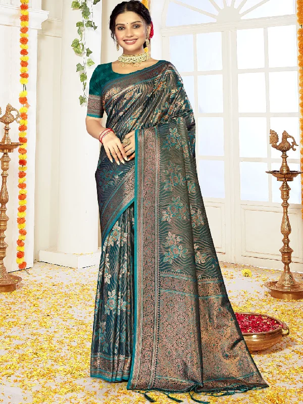 Women Rama Satin Silk Saree With Un Stitched Blouse - Aanika Drape Neck Blouse