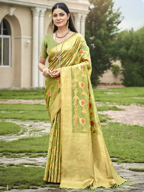 Women Light Green Organza Saree With Un Stitched Blouse - Aanika Off-Shoulder Wrap Blouse